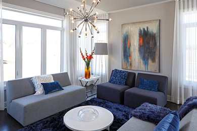 Living room - contemporary open concept dark wood floor living room idea in Ottawa with beige walls