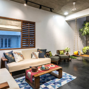 Modelo de salón para visitas cerrado, asiático, con paredes blancas y suelo negro