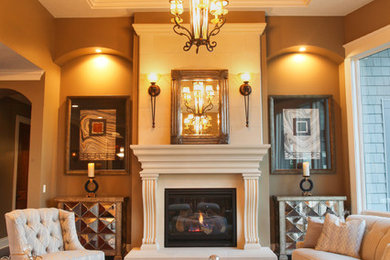 Example of a classic formal dark wood floor living room design in Chicago with brown walls and a standard fireplace