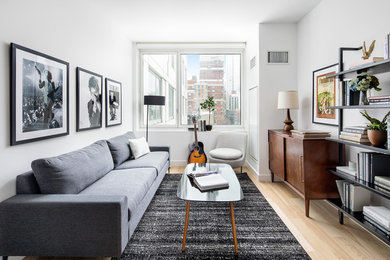 Trendy light wood floor and beige floor living room photo in New York with white walls