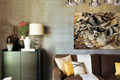 Inspiration for a large industrial open concept dark wood floor and brown floor living room remodel in Denver with beige walls
