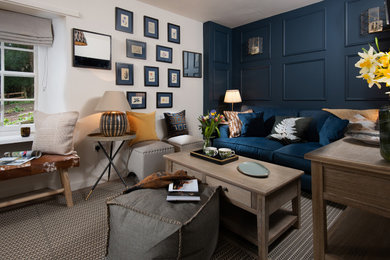 Diseño de salón cerrado clásico pequeño con paredes azules, suelo de madera en tonos medios, estufa de leña, suelo marrón y televisor colgado en la pared