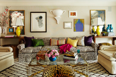 Inspiration for a mid-sized eclectic carpeted living room remodel in New York with beige walls and no fireplace