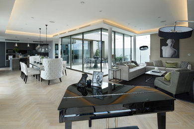 Inspiration for a contemporary living room in London with light hardwood flooring and grey floors.