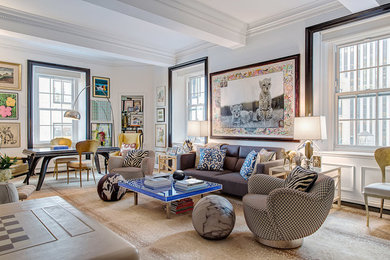 Mid-sized eclectic carpeted living room photo in New York with white walls