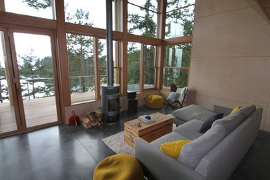 Foto de salón para visitas abierto minimalista sin televisor con suelo de cemento, estufa de leña y paredes beige