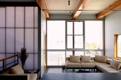 Mittelgroßes, Repräsentatives, Offenes Modernes Wohnzimmer mit grauer Wandfarbe, Betonboden und grauem Boden in Denver