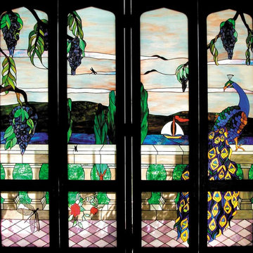 Tiffany Style Landscape with Peacock and Wisteria for shutters