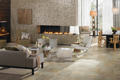 Inspiration for a large contemporary formal and open concept ceramic tile and beige floor living room remodel in Boston with a two-sided fireplace and a tile fireplace