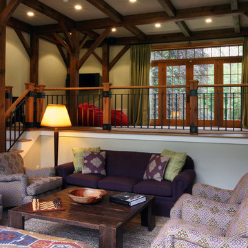 Timber frame barn family room with custom rail
