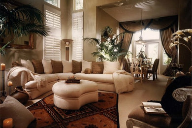 Example of a huge trendy formal and open concept carpeted and beige floor living room design in Orange County