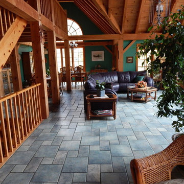 Timeless tile designs in timber-frame home on Paudash Lake.