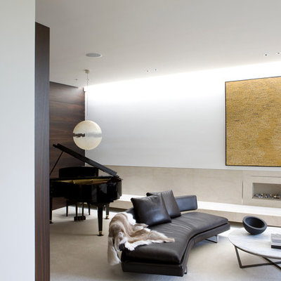 Inspiration for a modern carpeted living room remodel in Melbourne with a music area, white walls, a ribbon fireplace and no tv