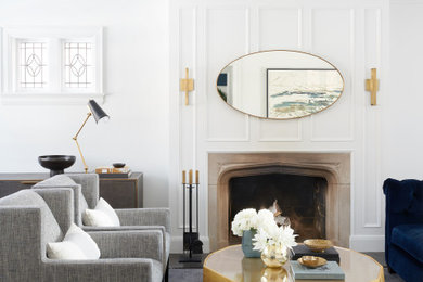 Mid-sized trendy open concept living room photo in Toronto with white walls and a standard fireplace