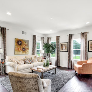 Inspiration for a mid-sized transitional formal and open concept dark wood floor living room remodel in Philadelphia with white walls, no fireplace and no tv