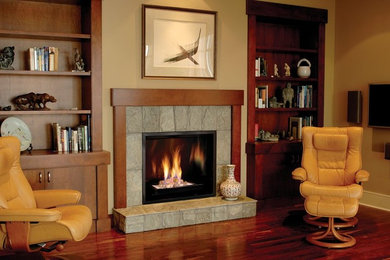 Elegant dark wood floor living room photo in Denver with beige walls, a standard fireplace and a stone fireplace