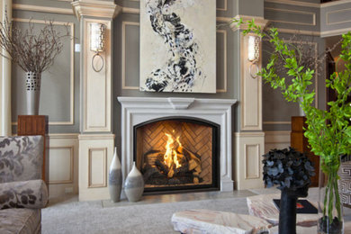 Inspiration for a mid-sized contemporary formal and enclosed carpeted and gray floor living room remodel in New York with a standard fireplace, a wood fireplace surround and gray walls
