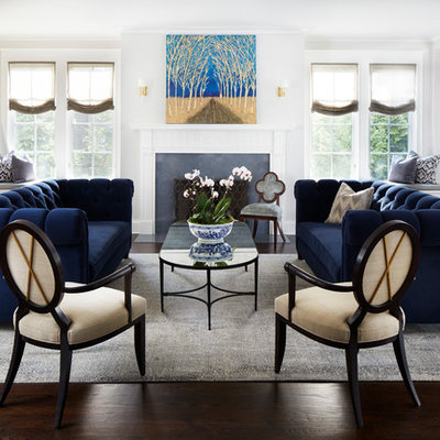 Living room - traditional formal dark wood floor living room idea in Chicago with a standard fireplace, no tv and white walls