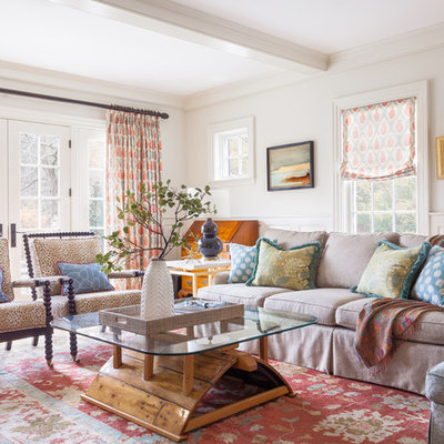 Living room - mid-sized traditional living room idea in Boston with white walls