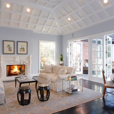 Inspiration for a timeless living room remodel in Los Angeles with blue walls and a standard fireplace