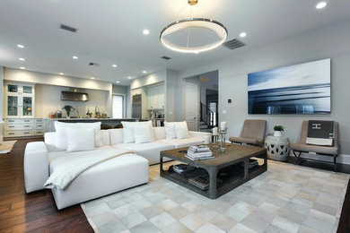 Идея дизайна: большая парадная, открытая гостиная комната в стиле модернизм с серыми стенами, коричневым полом и паркетным полом среднего тона без камина