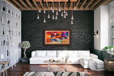 Example of a mid-sized classic loft-style dark wood floor and brown floor living room design in Boston with brown walls and a concealed tv