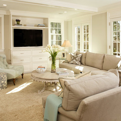 Example of a mid-sized classic living room design in DC Metro with a wall-mounted tv