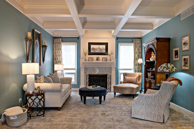 Inspiration for a medium sized traditional formal enclosed living room in Kansas City with blue walls, carpet, a standard fireplace, a tiled fireplace surround, no tv and beige floors.