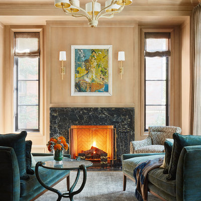 Living room - traditional gray floor living room idea in Chicago with brown walls, a standard fireplace and a stone fireplace