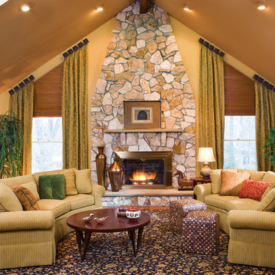 Inspiration for a mid-sized timeless open concept and formal light wood floor and beige floor living room remodel in Newark with yellow walls, a standard fireplace and no tv