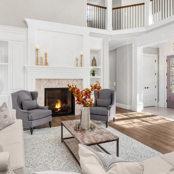 Traditional Living Room with Dusty Rose Double Entry Doors, White Accents, and G