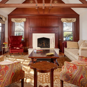 Traditional Living Room with French Doors and Cast Fireplace Surround