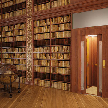 Traditional living room with library and custom elevator