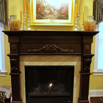 Traditional Mediterranean Living Room With Custom Fireplace Mantel & Surround