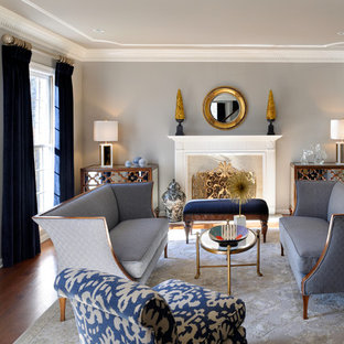 Example of a classic formal and enclosed dark wood floor living room design in St Louis with gray walls, a standard fireplace, no tv and a tile fireplace