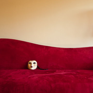 Transitional Curve Back Red Sofa w/ Mask Artwork | The Sofa Company