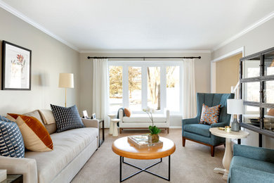 Example of a transitional carpeted living room design in Minneapolis