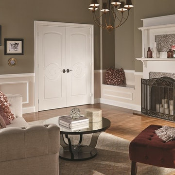 Transitional Living Room Accessorized with Schlage Brookshire Style Flair Lever