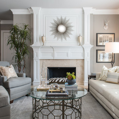 Mid-sized elegant formal and open concept living room photo in Dallas with gray walls, a standard fireplace, a stone fireplace and no tv