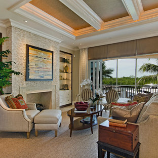 Transitional formal and enclosed gray floor living room photo in DC Metro with beige walls, a standard fireplace and a stone fireplace