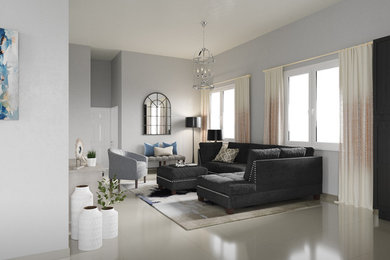 Foto de salón cerrado clásico renovado de tamaño medio con paredes grises, suelo de baldosas de cerámica, televisor colgado en la pared y suelo beige