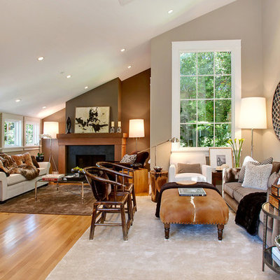 Transitional orange floor living room photo in San Francisco with beige walls