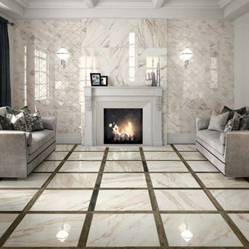 Transitional living room with marble look porcelain tile