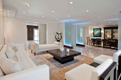 Example of a mid-sized trendy formal and open concept porcelain tile and beige floor living room design in Miami with white walls, no fireplace and no tv