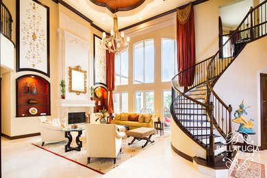 Example of a transitional formal and open concept porcelain tile living room design in Miami with beige walls, no tv, a standard fireplace and a stone fireplace