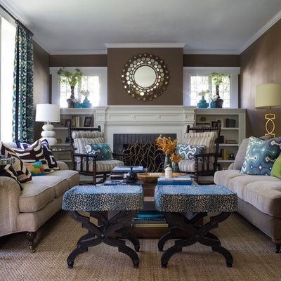 Example of a transitional living room design in San Francisco with brown walls