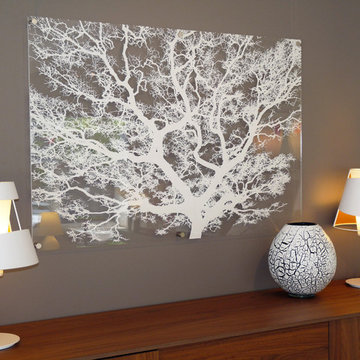 transparent perspex plexiglas artwork featuring bespoke white tree branches