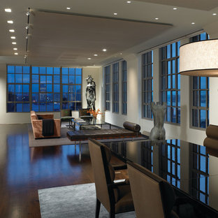 Inspiration for a modern open concept dark wood floor living room remodel in Chicago with beige walls