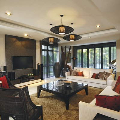 Example of a huge island style living room design in Other with beige walls, no fireplace and a wall-mounted tv