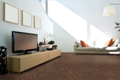 Idéer för ett modernt vardagsrum, med heltäckningsmatta och beiget golv